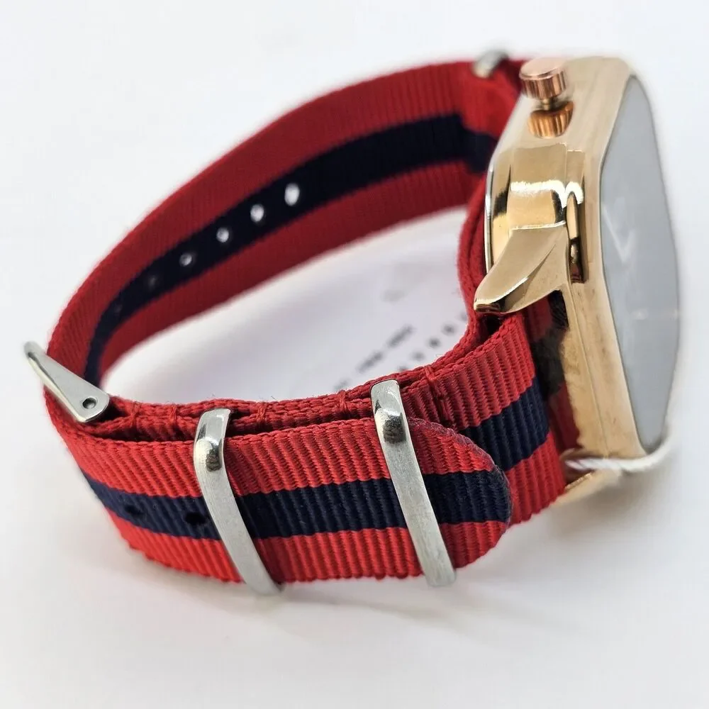 Men's Watch‎ 42MM Black Dial Gold Case Date Indicator Red Blue Canvas Band Strap